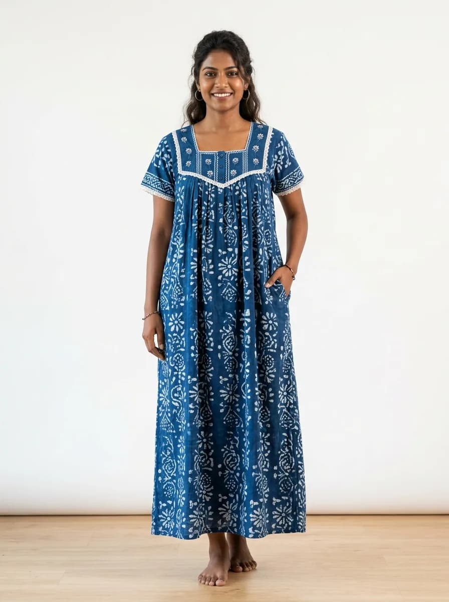 Dabu Mud-Resist Earthy Floral Cotton Nighty