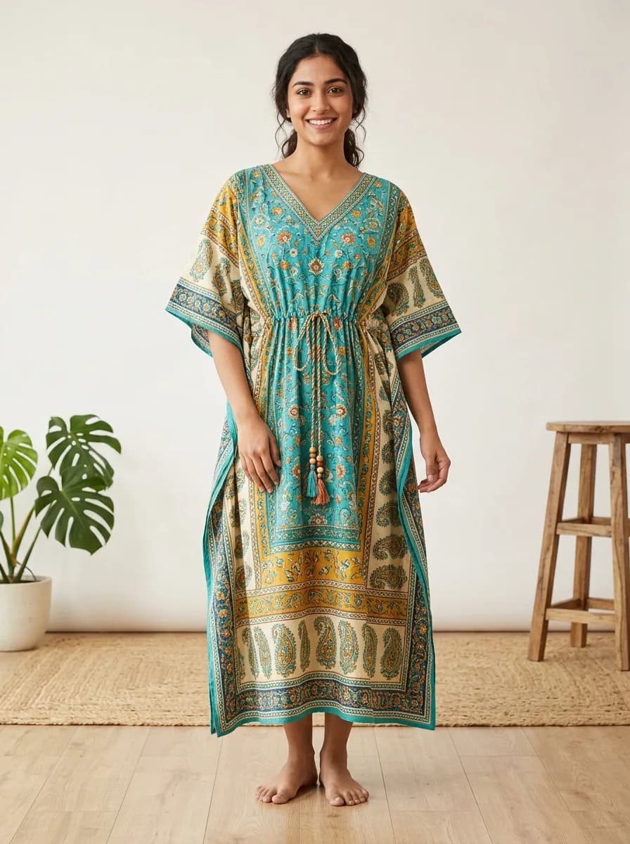 Moroccan Border Flowy Cotton Kaftan Lounge Dress