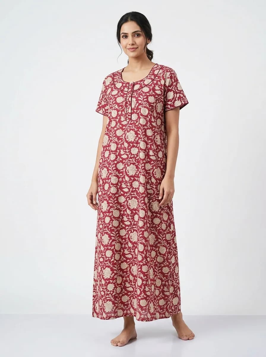 Sanganeri Traditional Boota Pure Cotton Nightdress